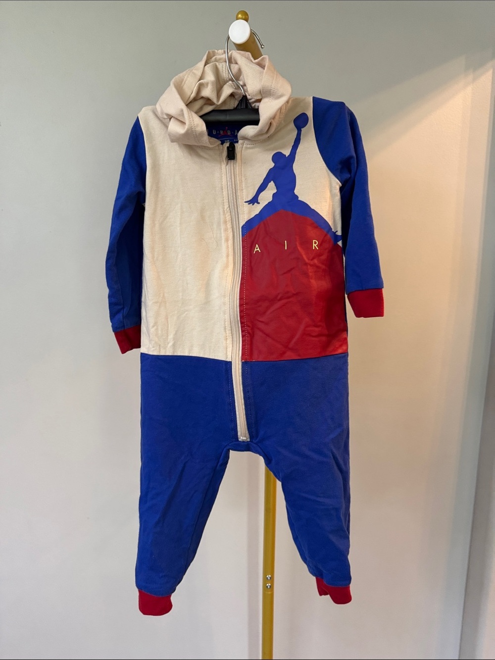 Jordan Colorblock Baby Hoodie Romper in Blue, Red, Cream EUC 24 months